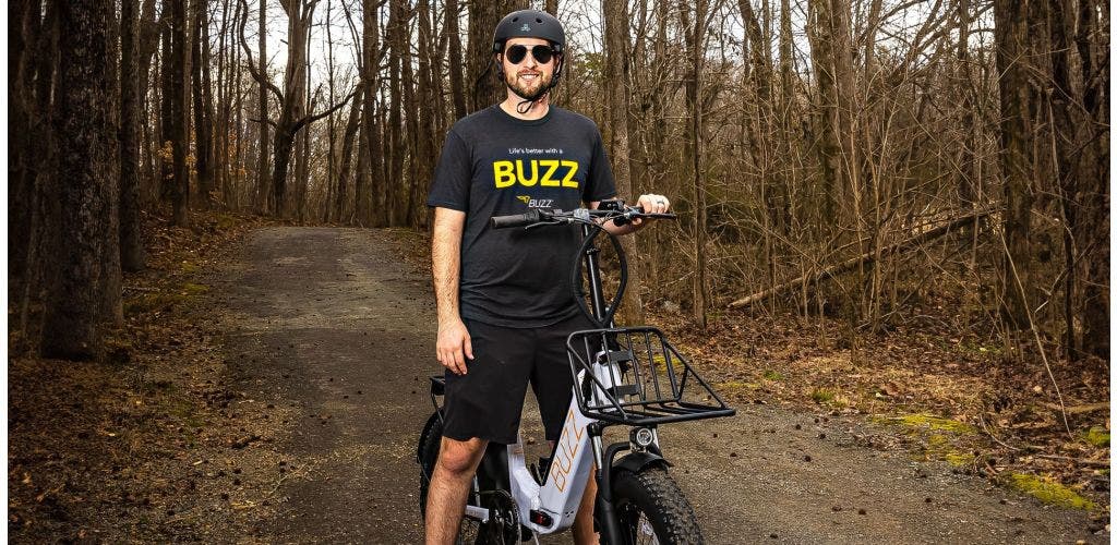 Infographic with Chase Briscoe next to a Buzz ebike and text with his name and Buzz Bicycles branding
